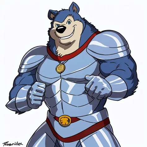  Exiles  ( Road Rovers ), Blue fur, White fur, human, Pointed ears, ,  alone,  whole body ,  Muscle ,  Pectoral ,(bear grizzly ), red  collar,  coins, pet tags ,  high quality smile,  best resolution, Cell shade, ( blue eyes,  fine eyes):1.1, Silver unifor...