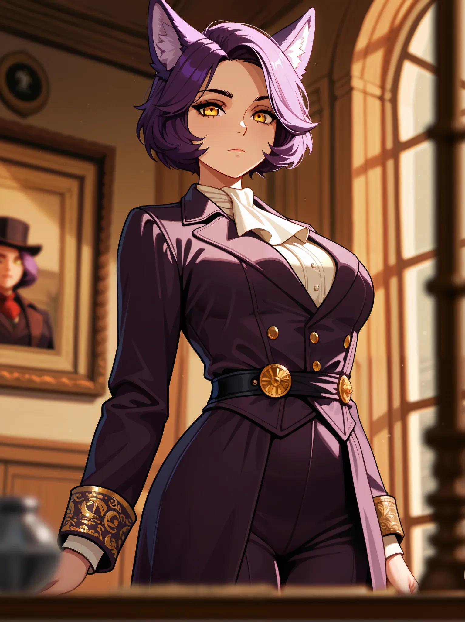 1woman, adult female, solo, short hair, yellow eyes, purple hair, closed mouth, purple wolf ears, medium breast, artificer, Victorian suit, dungeons and dragons, Blurred foreground,depth of field, masterpiece,best quality,amazing quality,