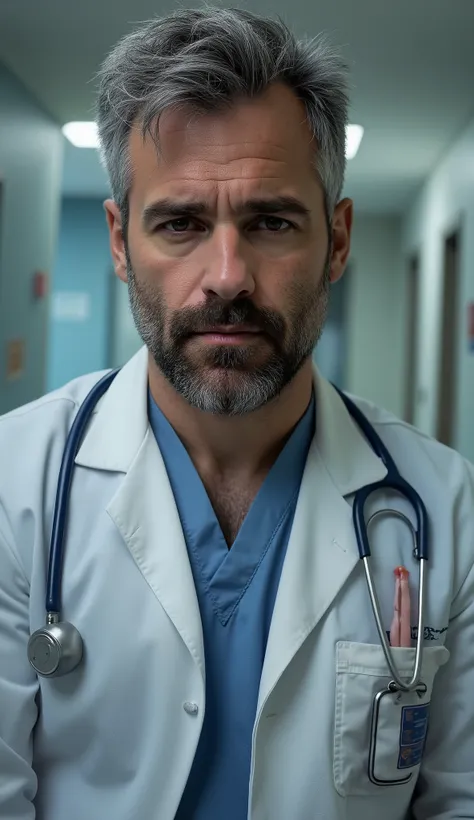 masterpiece, best quality, high resolution, portrait, male focus, solo focus, A man, 35 years old, with doctor uniform, doctor suit, medicine doctor, very detailed realistic skin texture, slightly grey hair, messy hairstyle, cute and seductive face, bare ...