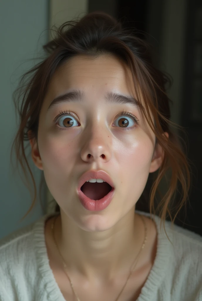 Photo of a woman's face,  she is surprised 