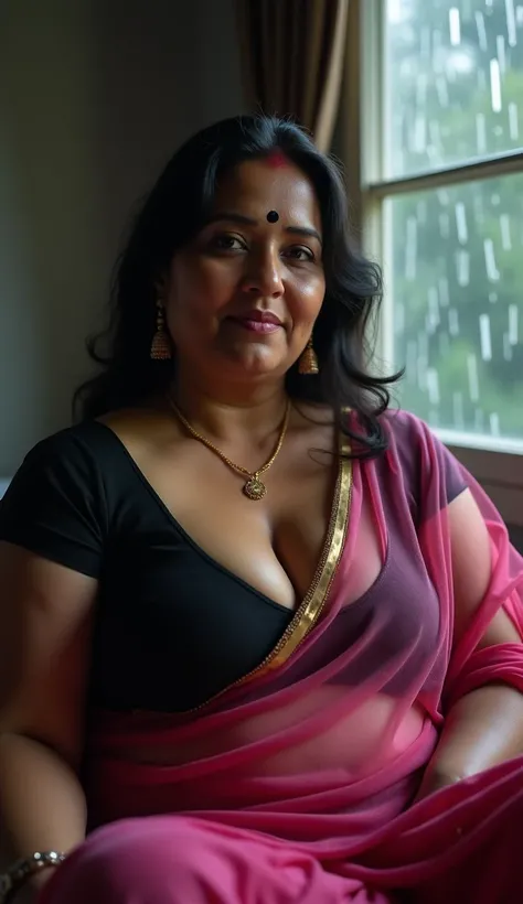 photo of Voluptuous Mature Indian Aunty with dusky skin, wearing Transparent Pink saree and Black Blouse, showing her large U cut Cleavage, Sindoor on her forehead, Hair Tied behind, Sitting on bed with a shirtless young guy, sensual, erotic, , Dim light i...