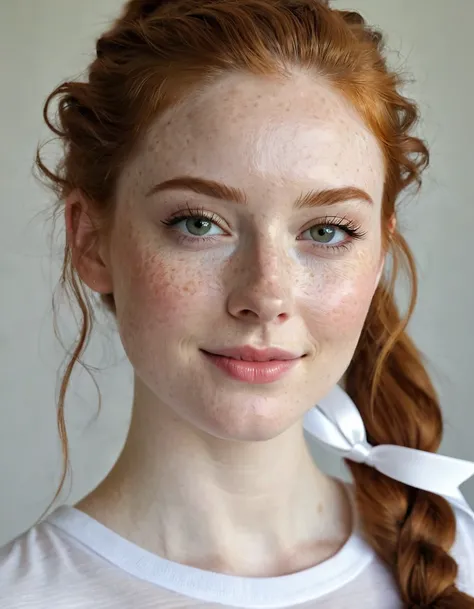 half-length portrait photograph of a very beautiful and realistic girl,  ,   porcelain skin ,  very fair skin,  very pale skin, redhead, wavy,  ponytail with white ribbons ,  Detail of freckles on the skin ,  hazel eyes,  slanted eyes,  small nose,  small ...