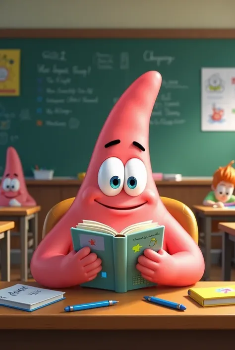 Patrick star read a notebook . inside the class at school.
