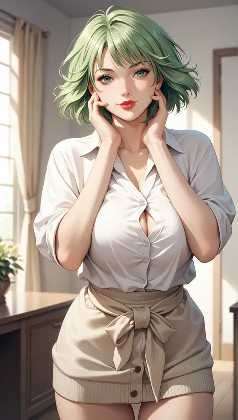  masterpiece,  top quality,  good quality ,  1 girl,Alone,cowboy shot, is standing, slapping their hands on their cheeks,(1990s \( style\):0.2),  Antique Room , Ainasa Halim  , green hair, green eyes, short hair,lips,lipstick, big breasts,(smile:0.5), clos...