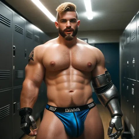 Eurovision compared to ‘gay porn film on steroids’ by pearl-clutching TV host, jockstrap bulge , locker room, football jersey, kneepads, elbow pads, football helmet, moaning sexy, thick beard,

blonde buzzcut hair, big bulge torn pants,
metal arm, robotic ...