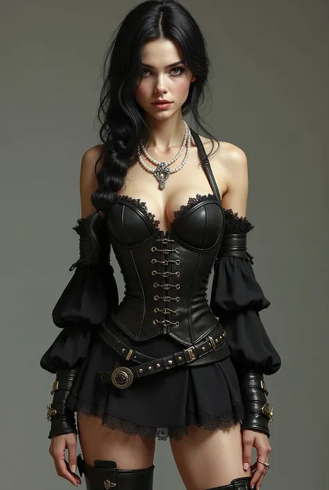 Woman Face, clear skin, dark eyes.
outfit, short dress, with cheeks, lace details, leather corset, long boots.
Accessories, pearl necklace, pendant, form, compass, belt with sword.
Attitude, elegant, Posture, Raised.
Whole body. 