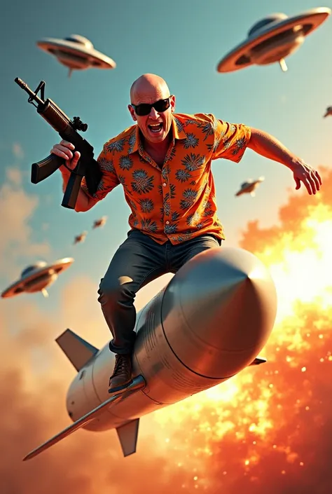 A bald guy with sunglasses and Hawaiian shirt surfing a missile while destroying UFOs with an AK47. The guy's expression is one of absolute horror.