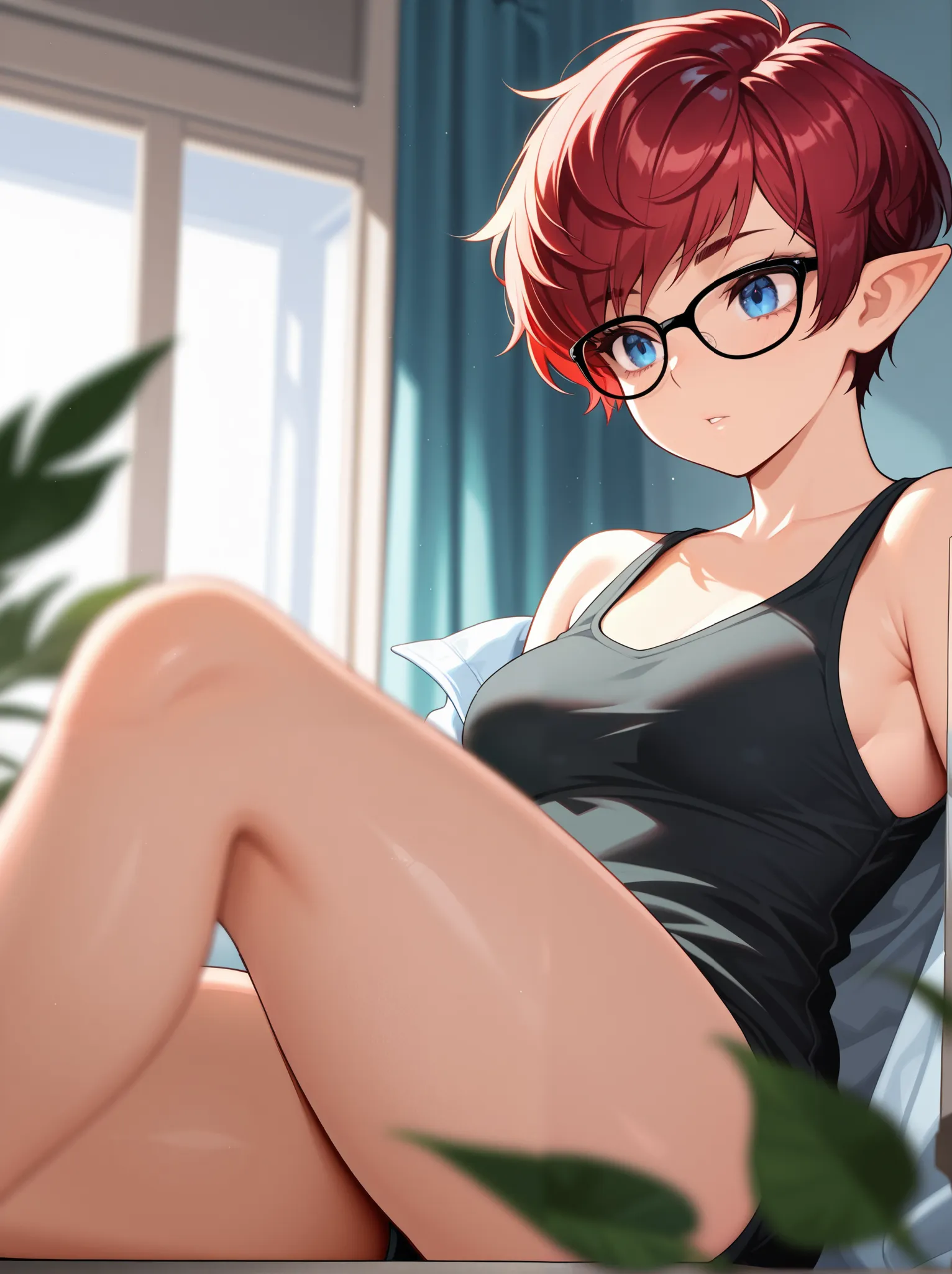 1woman, solo, adult female, androgynous, short hair, pixie cut, blue eyes, red hair, pointy ears, black glasses, medium breast, Blurred foreground,depth of field, masterpiece,best quality,amazing quality