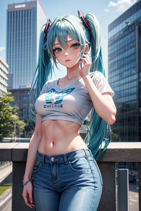 a girl, light blue hair, Hatsune Miku style hair, blue eyes, 20 years old, in berlin, modern city, accessories, sculptural body, best quality, masterpiece, busty, white shirt, jeans 