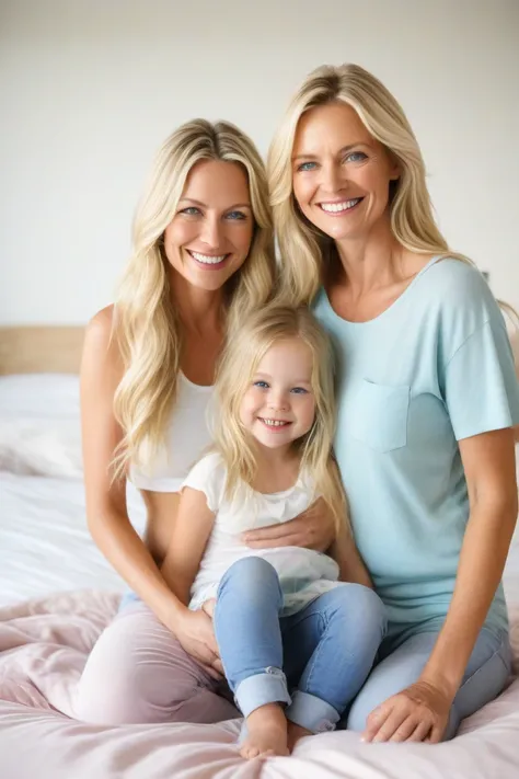 2 people, smiling cheerful mother with very long down loose blonde hair down to her hips and blue eyes, and her age daughter, in her bedroom on a hot sunny summer day