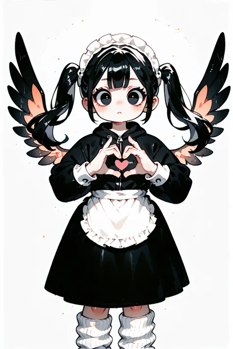 best quality, masterpiece, very aesthetic, general, watercolor painting, 1girl, solo, black and white split-color hair, twintails, black eyes, large eyes, black tracksuit, black skirt, white apron, head dress, heart hands, detached wings, white loose socks...