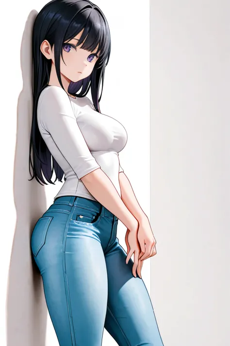  High quality, HD, girl, purple eyes, Long black hair with bangs,  medium breasts,  perfect body, perfect thighs,  wearing tight white shirt, Jeans pants ,  white background, Leaning against the wall looking to the side