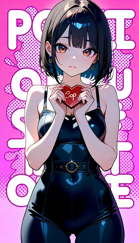 a cute girl holding a heart-shaped chocolate with "LOVE ME" written on it, pop background, cowboy shot, black bob hair, brown eyes, (jaw-dropping beauty, perfect proportions, body beauty:1.1), beautiful detailed eyes, beautiful detailed lips, extremely det...