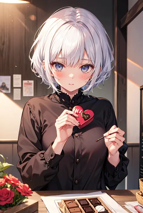 Girl with short white hair receiving flowers and chocolates from a boy