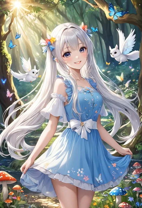  long silver hair、 beautiful twin tail girl 、   has a bright smile、 blue dress、 fairy tale、     in a mysterious forest full of bright flowers     、    of trees, rabbits and squirrels    、 Shining butterflies are dancing     、   Colorful Mushrooms 、   Myste...