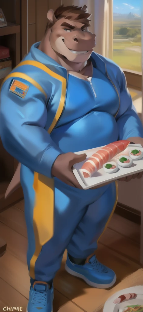  alone , Male tall , Big torso ,Standing , den , hippo ,Holding a tray with sushi food., portrait pose, Blue Military Spacesuit,  Overweight ,  Muscle Bundle, smirking psychosis, by chunie ​