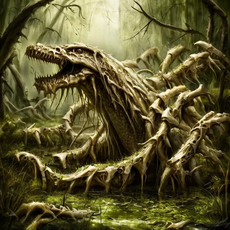 Hydra monster made of bones.  Bones pieces for scales.  Made of broken bone.  Hydra.  Realistic.  In a swamp.