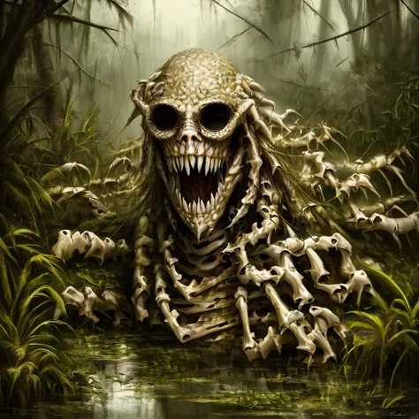 Hydra monster made of bones.  Bones pieces for scales.  Made of broken bone.  Hydra.  Realistic.  In a swamp.