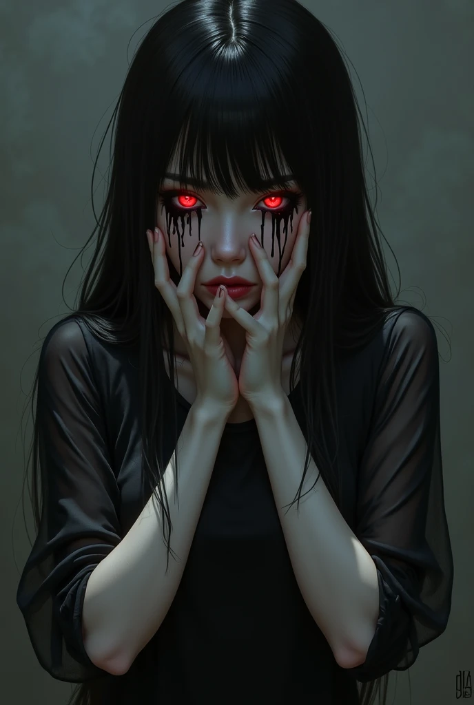 Girl with long black hair white skin bangs covering her forehead black dress and red eyes full body black liquid dripping on her hands face less anime and more adult