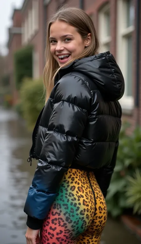 Backside diagonally photo from side behind of a sweaty hot wet cute beautiful darkblonde furtuned dutch spanish italia young posing age femboy wearing black northface shiny pvc puffy cropped short puffer jacket, very short shiny black Big luxurious northfa...