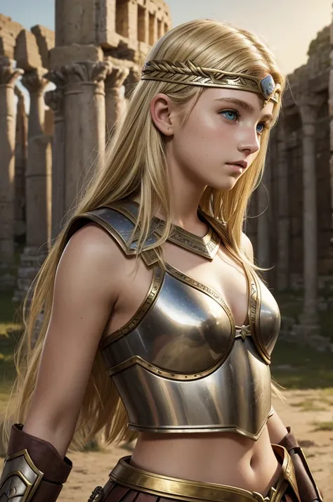 teen girl, age 15, detailed face, blonde, roman warrior, princess blade, valkyrian princess teenager girl, small breasts, mini cropped, background in old bronze age roman empire
