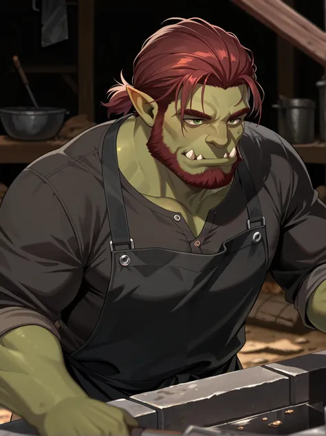 1man, solo, adult male, orc, green skin, dark red hair in a short ponytail, red facial hair, green eyes, black apron, dirty white shirt, blacksmith, Blurred foreground,depth of field, masterpiece,best quality,amazing quality