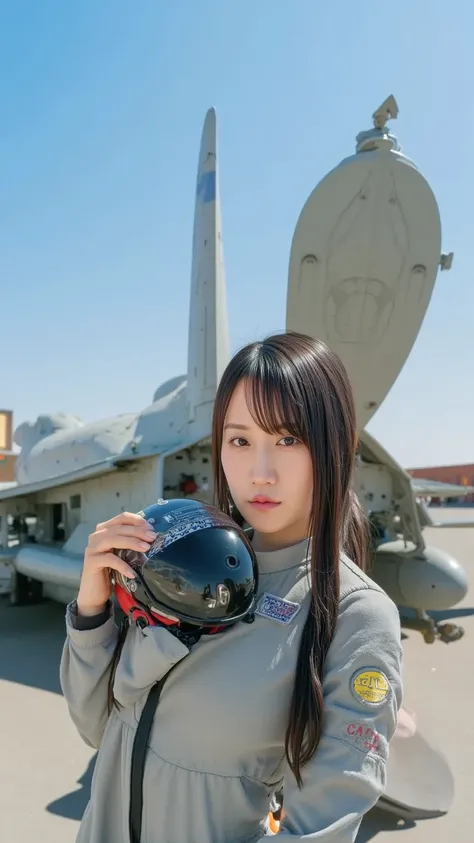 "An image of a female fighter jet pilot standing confidently in front of her fighter jet. She is wearing a modern, military flight suit with a helmet under her arm. The jet is sleek, with a sharp design, featuring camouflage or military paint. The backgrou...