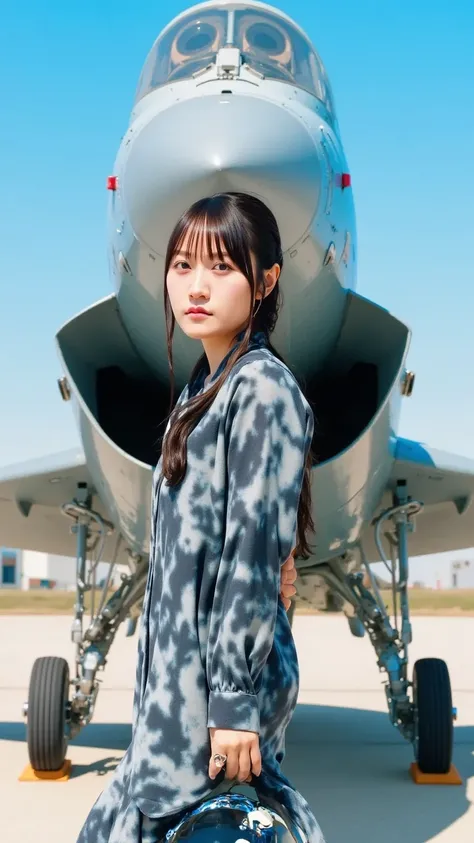 "An image of a female fighter jet pilot standing confidently in front of her fighter jet. She is wearing a modern, military flight suit with a helmet under her arm. The jet is sleek, with a sharp design, featuring camouflage or military paint. The backgrou...