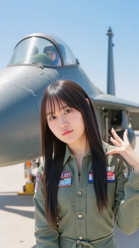 "An image of a female fighter jet pilot standing confidently in front of her fighter jet. She is wearing a modern, military flight suit with a helmet under her arm. The jet is sleek, with a sharp design, featuring camouflage or military paint. The backgrou...