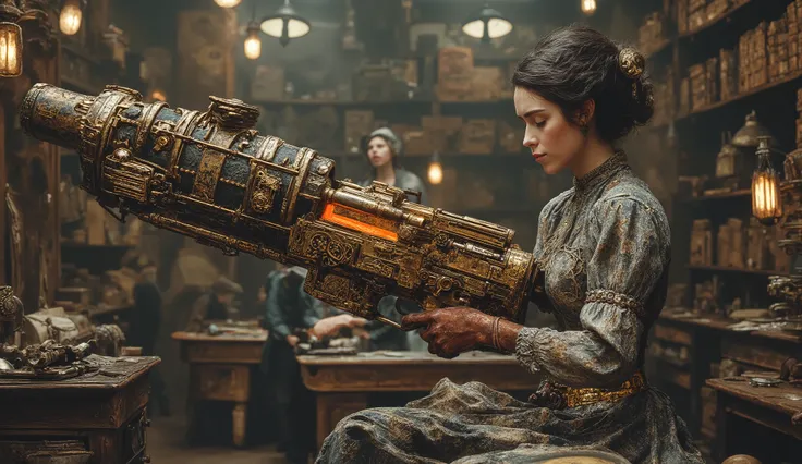 Ultra-smooth coherent movement, IMAX cinematic quality, hyper-detailed photorealism, extreme realism. Steampunk. Hyperrealistic. A dimly lit Victorian armory, filled with towering shelves of retrofuturistic weapons, gears, and arcane-infused ammunition. Cl...