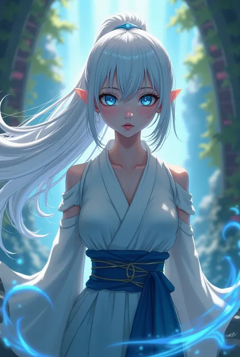  An anime girl with white hair and blue eyes, a dot under each eye  ,  an outfit that matches her eyes  ,  she is in the Naruto universe  