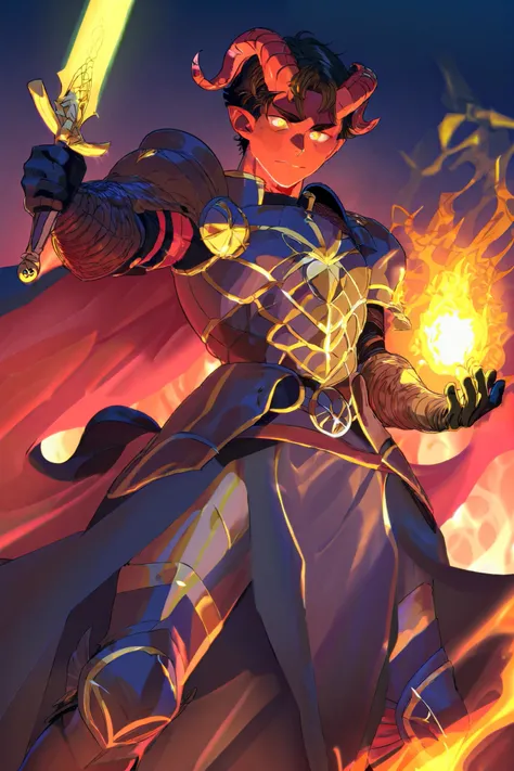 A SEXY male tiefling with dark skin as night,  with golden eyes that shine brightly .  His figure is dressed in elegant dark knight armor,  that seem to absorb light around them .  In his right hand he wields a sword forged with skill ,  while in his left ...