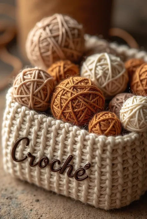 Create a slogan for my crochet brand , com o nome M crochê!  I want in brown tones and something striking for the brand ,  you can mix the name of the brand with threads and crochet needles