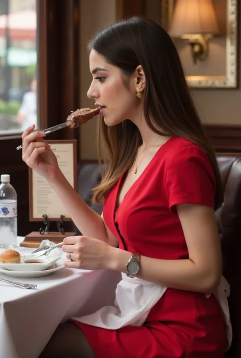 Side view, full body,  she is eating a stake , stake  in mouth , use knife and fork,  in London Restaurant, name is Jessica, fashion model and Actress, 30-age, (White English, brown long hair, beautiful brown eye, cute lip, open mouse, gold earring  and ne...