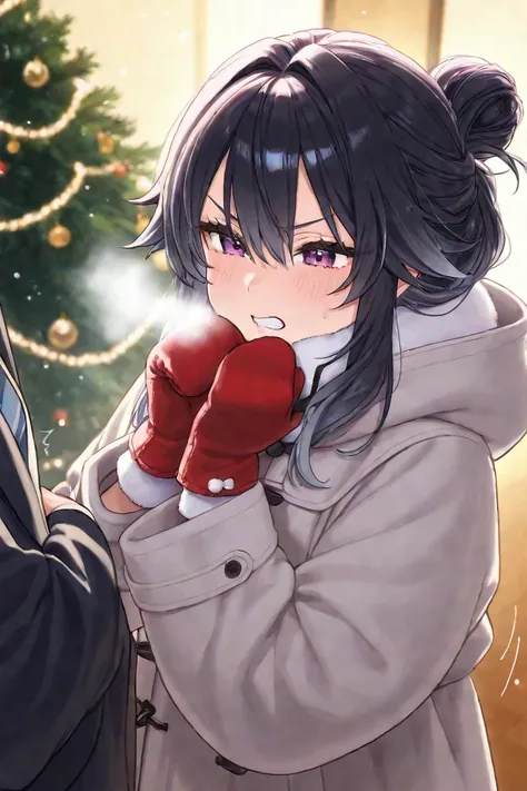  Embraced by a man、   clenching my teeth 、 A cold look 、 Midnight、  white tabs 、暖かい Silenciador 、moco、 Light snow is piling up、  The hairstyle is a bun  、swelling 、 large coat、,  Very Fat、  wears a hood 、  high school girl 、 cabello negro、 mitt gloves 、 Sn...