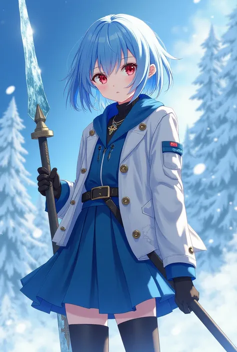  anime style、 cool high school girl with a sword in her right hand、About 30% of blondes are mixed with blue hair、 bob hair、Hold a lance made of ice、 red eyes、 sharp expression in the background、Cold air drifts underfoot