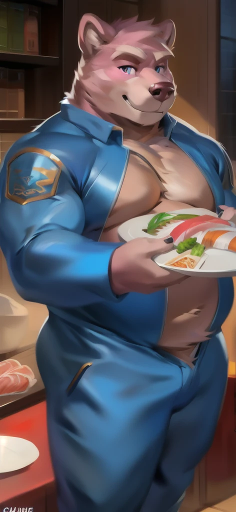  alone , Male tall , Big torso ,Standing , den , Pink bear​,Holding a tray with sushi food., portrait pose, Blue Military Spacesuit,  Overweight ,  Muscle Bundle, smirking psychosis, by chunie ​