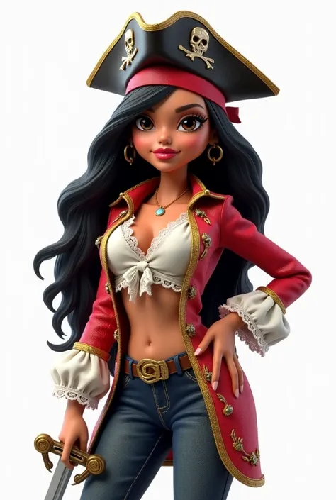 A skinny full-bodied Latin girl with long black hair disguised as a pirate and a white background in bratz style 3d