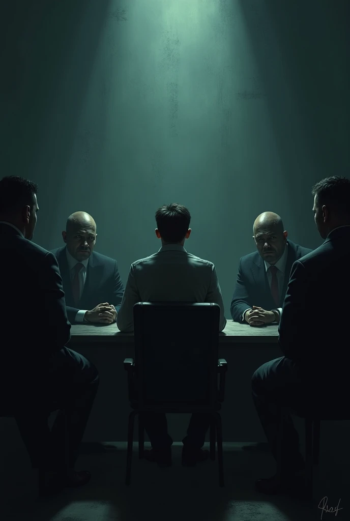 Create a picture of a person sitting on a chair, five interrogators, two interrogators at the table. 