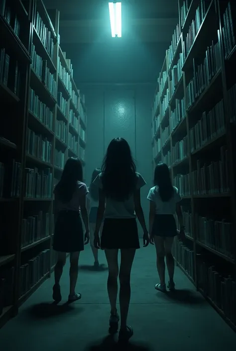 5 girls can't get out of the library because it's locked make it horror