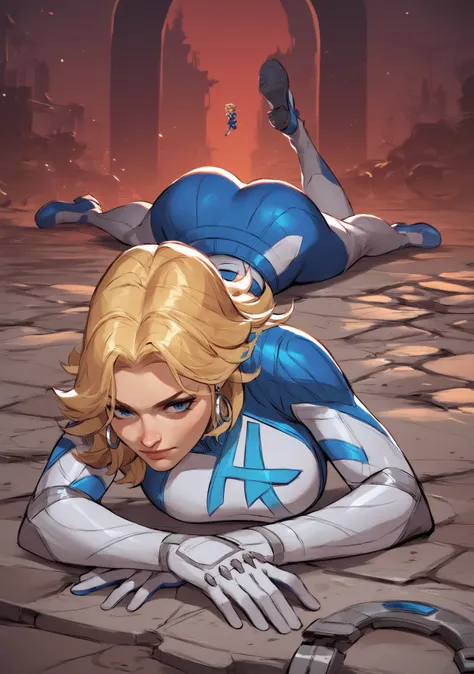 score_9, score_8_up, score_7_up, score_6_up, score_5_up, score_4_up, masterpiece, high quality, BREAK, full body, BREAK,   sue storm (marvel rivals), susan storm, sue storm, blue outfit, earrings, blue eyes, "4" symbol, blonde hair, laying, on stomach, arc...