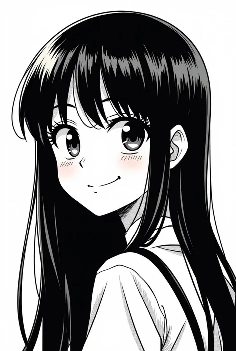 Manga style,  black and white comic. 16-year-old high school student girl, Long straight black hair. With bangs and mischievous look.