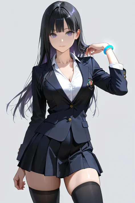  High quality, HD, girl, purple eyes, Long black hair with bangs,  medium breasts,  perfect body, perfect thighs,  wearing black school uniform (short skirt) with blazer, neckline,  thighhighs, blue bracelet, gray background,  global lighting . 