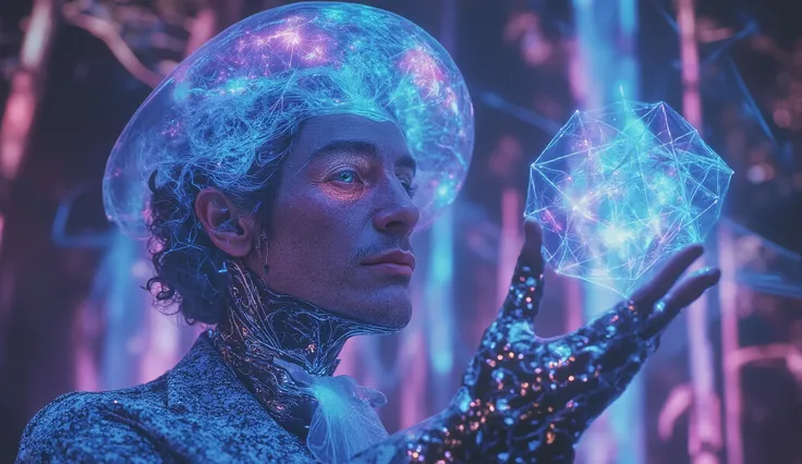 A close-up of a young Victorian man in a futuristic suit, his face radiating with vibrant, shifting colors as the neon light of the rave reflects off his chrome accessories. His eyes gleam with excitement, entranced by the music, as a floating, holographic...