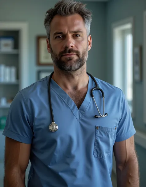 masterpiece, best quality, high resolution, portrait, male focus, solo focus, A man, 35 years old, with doctor uniform, doctor suit, medicine doctor, very detailed realistic skin texture, slightly grey hair, messy hairstyle, cute and seductive face, bare ...