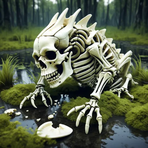 Monster made of bones.  Bones pieces for scales.  Made of broken bone.  Realistic.  In a swamp.