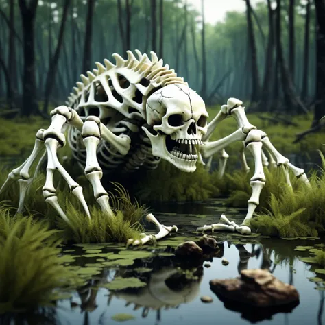 Monster made of bones.  Bones pieces for scales.  Made of broken bone.  Realistic.  In a swamp.