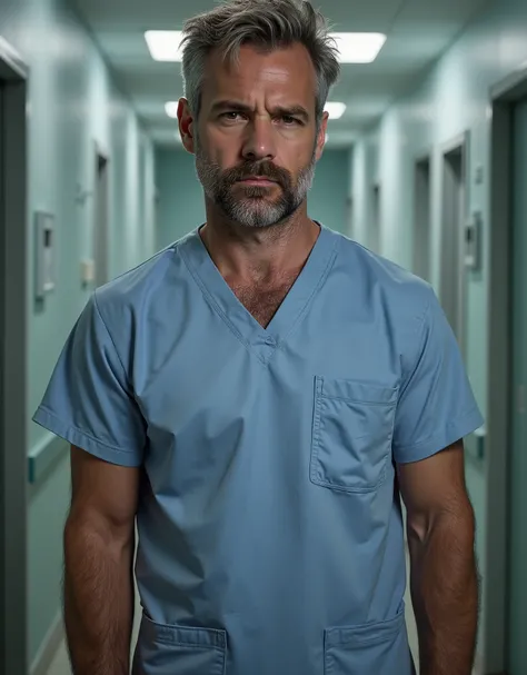 masterpiece, best quality, high resolution, portrait, male focus, solo focus, A man, 35 years old, with doctor uniform, doctor suit, medicine doctor, very detailed realistic skin texture, slightly grey hair, messy hairstyle, cute and seductive face, bare ...