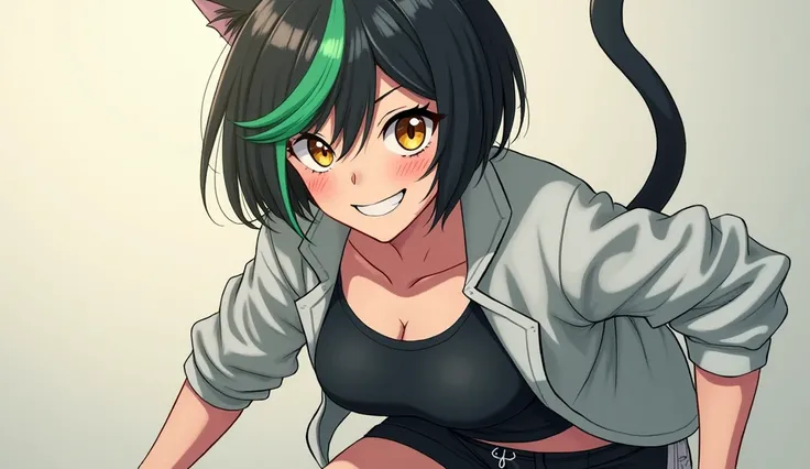 "A highly detailed anime-style illustration of a mischievous and playful girl with a tomboyish charm. She has short, jet-black hair with a vibrant green streak, striking amber eyes with slit cat-like pupils (but no cat ears), and a confident smirk. Her phy...