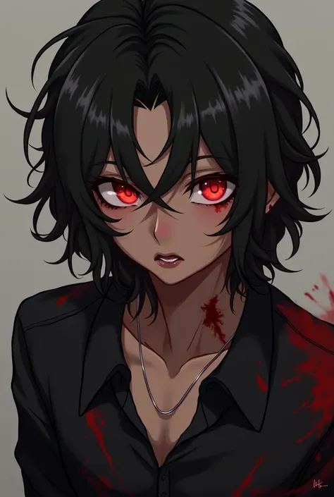 Horror anime style  boy, Brown skin,  red eyes,  wavy hair up to the shoulder black with roots and some red tips,  relatively weak body with bruises ,  thin enough to almost reach anorexia . 
Alternative gothic clothing unisex scene 